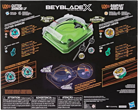 Beyblade X Sneak Attack Battle Set with Beystadium Arena, Rampart Aegis GB & Cutter Shinobi LF, 2 Right-Spinning Takara Tomy Battling Tops Game Toys, 2 Launchers, Ages 8+