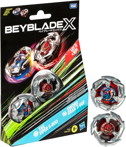 Beyblade X Tail Viper 5-80O and Sword Dran 3-60F Dual Pack Set with 2 Right-Spinning Tops; Battling Top Toys for 8 Year Old Boys and Girls