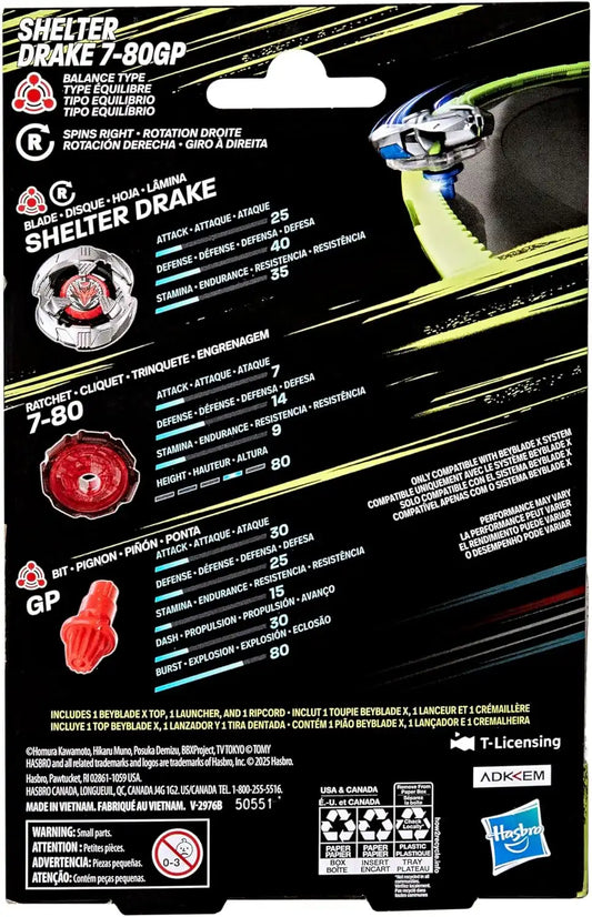 Beyblade X Shelter Drake 7-80GP BX Starter Pack Set with Takara Tomy Balance Type Top and Launcher, Battling Tops Game Toys, Ages 8+