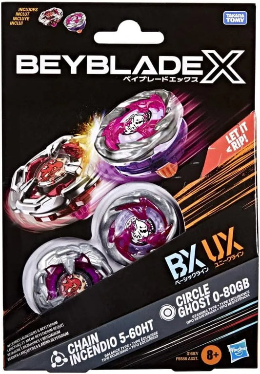 Beyblade X Circle Ghost 0-80GB UX & Chain Incendio 5-60HT BX Takara Tomy Dual Pack Set with 2 Right-Spinning Tops, Battling Tops Game Toys, Ages 8+