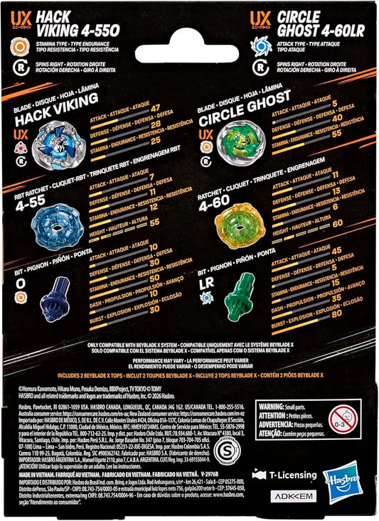 Beyblade X Circle Ghost 4-60LR UX & Hack Viking 4-55O UX Takara Tomy Dual Pack Set with 2 Right-Spinning Tops, Battling Tops Game Toys, Ages 8+