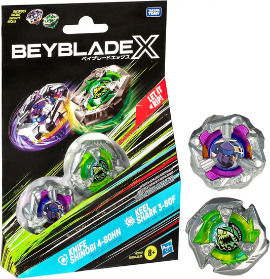 Beyblade X Knife Shinobi 4-80HN and Keel Shark 3-80F Dual Pack Set with 2 Right-Spinning Tops; Battling Top Toys for 8 Year Old Boys and Girls