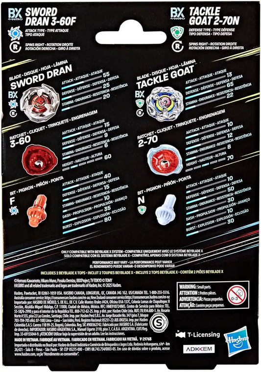 Beyblade X Tackle Goat 2-70N BX & Sword Dran 3-60F BX Takara Tomy Dual Pack Set, 2 Right-Spinning Tops, Battling Tops Game Toys, Ages 8+