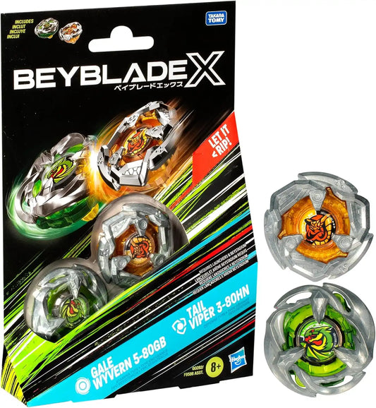 Beyblade X Gale Wyvern 5-80GB and Tail Viper 3-80HN Dual Pack Set with 2 Right-Spinning Tops; Battling Top Toys for 8 Year Old Boys and Girls