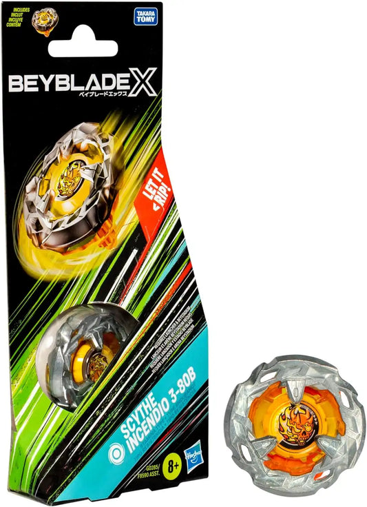 BEY BLADE X Scythe Incendio 3-80B Booster Pack Set with Stamina Type Right-Spinning Top; Battling Top Toys for 8 Year Old Boys and Girls
